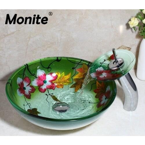 Monite Lotus Flower Waterfall Chrome Polish Art Hand Paint Bathroom Basin Round Washbasin Faucet Tempered Glass Vessel Sink Set