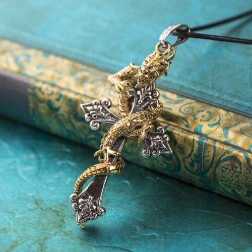 Mens Necklace Stainless Steel Golden Dragon Winding Cross Pattern Pendant Punk Domineering Jewelry Gift