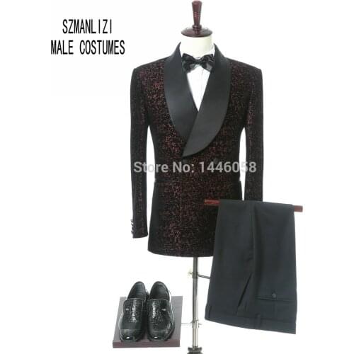 Latest Coat Pant Designs Classic Shawl Lapel Double Breasted Slim Fit Suit Burgundy Velvet Tuxedo Jacket Groom Wedding Suits