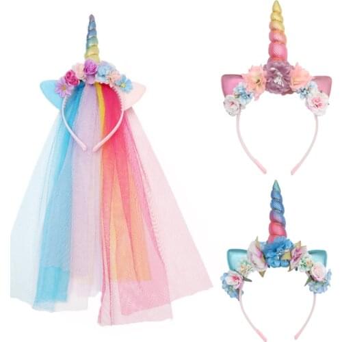 2021 New Girl Unicorn Hairbands Net Gause Princess Birthday Party Headwear Headdress Sweet Flower Lace Hair Band for Kid