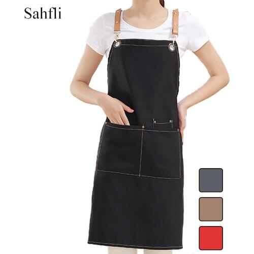 Korean Style Pure Color Simple and Fashionable Home Tooling Canvas Halterneck Design Sleeveless Apron with Big Pocket Household