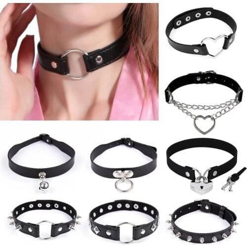 Punk Rock Gothic PU Leather Necklace Heart Round Spike Rivet Collar Studded Choker Chain Necklace Handmade Body Jewelry Gift