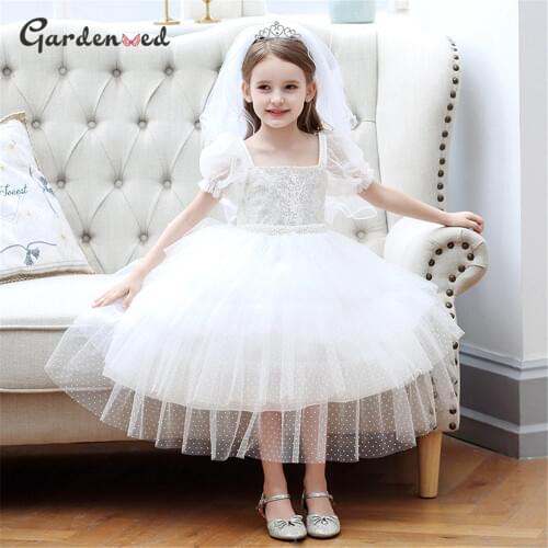 Puffy Ivory Lace First Communion Dress Tulle Layers Polka Dot Flower Girl Dresses Cap Sleeves Little Bride Dresses Ball Gown