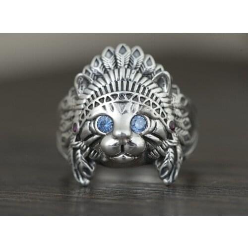 S925 sterling silver inlaid with blue zircon Pharaohs cat ring Indian tribe patron saint beast tide