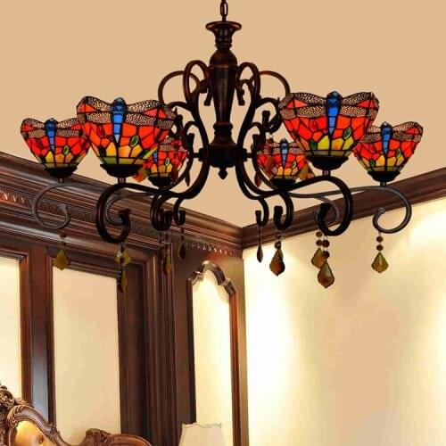 Tiffany Baroque red Dragonfly Stained Glass Suspended Luminaire E27 110-240V Chain Pendant lights for Home Parlor Dining Room