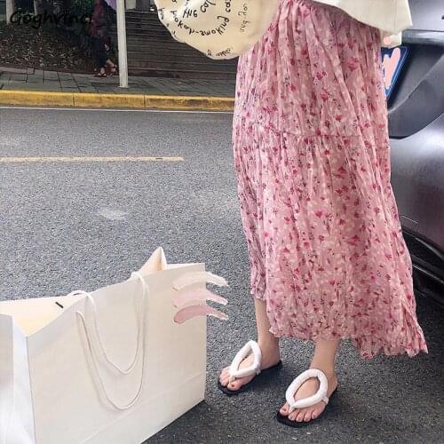 Skirts Women Folds Chiffon Floral Summer Korean Style Baggy All-match Fairy Beachwear High Waist Fashion Vintage Sweet A-line