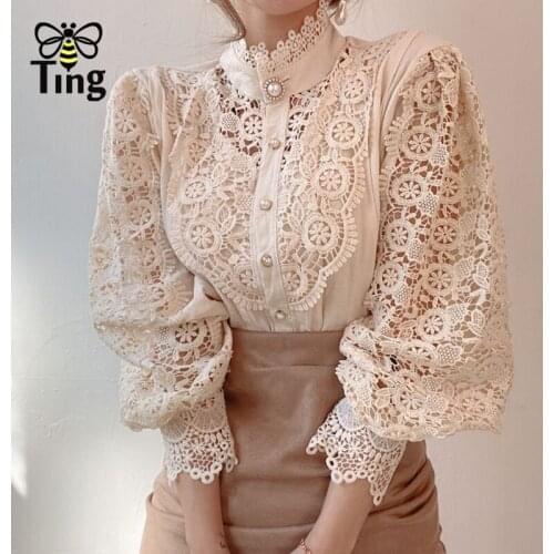 Tingfly Women Fashion Chic Summer High Quality Flower Lace Hollow Out Blouses Casual Button Up Blusas Female Tops Zaful Design