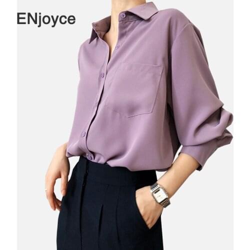 Autumn New Arrival Women Long Sleeve Purple Shirt Turn-down Collar Button Office Lady Basic Chic Chiffon Blouse Feminina Blusa