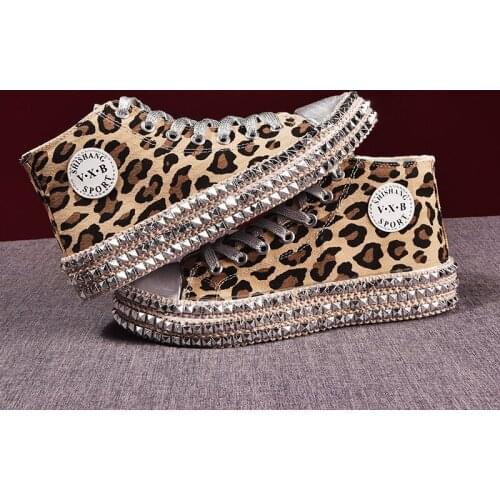 2019 Leopard Print Women Espadrilles Fashion Crystal Rivets Canvas Shoes Low High Top Flat Student Shoe Bling Platform Sneaker43