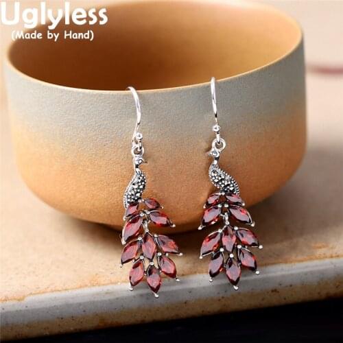 Uglyless Pretty Red Garnet Peacock Earrings for Women Minority Exotic Animals Jewelry Real 925 Silver Brincos Phoenix Earrings