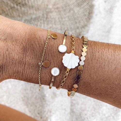 4 Pcs/Set White Shell Alloy Bracelet&Bangle for Women Gold Color Hand Chains Female Geometric Bracelets 2020 Fashion Jewelry New