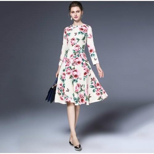 Customized Runway Designer Boutique Elegant Retro Dress Womens Rose Floral Printed Full Sleeve A-Line Dresses