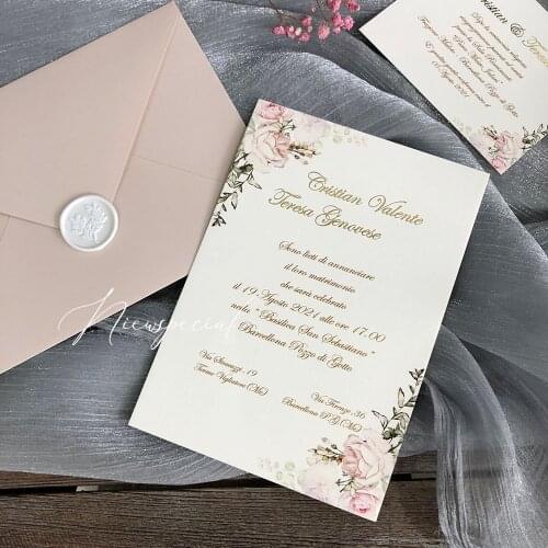 2021 Blush Pink Floral Wedding Invitation,Pale Pink Envelope with Wax Seals