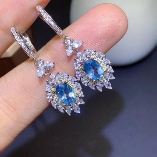 925 Sterling Silver Inlaid Natural Blue Topaz Earrings New Popular Ladies Ear Stud Support Test