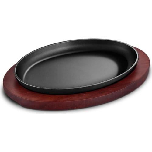 Cast iron BBQ plate Korean barbecue fried steak plate non stick grill fish roasting meat pan household baking pot wooden tray