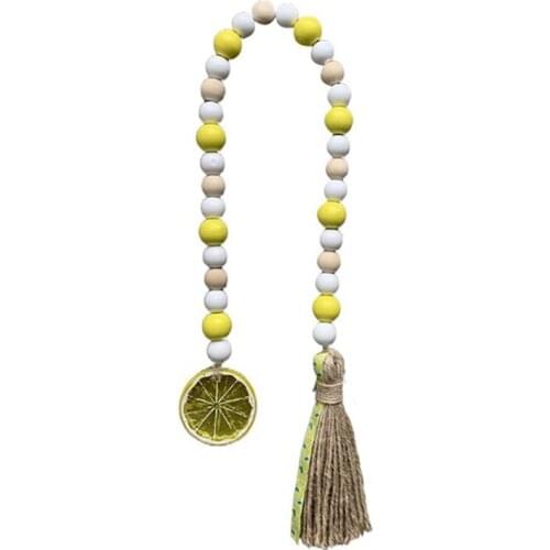 Wood Bead Garland with Lemon Pendant Farmhouse Rustic Country Wall Decoration Boho Tassel Woven Tassel Wall Hanging