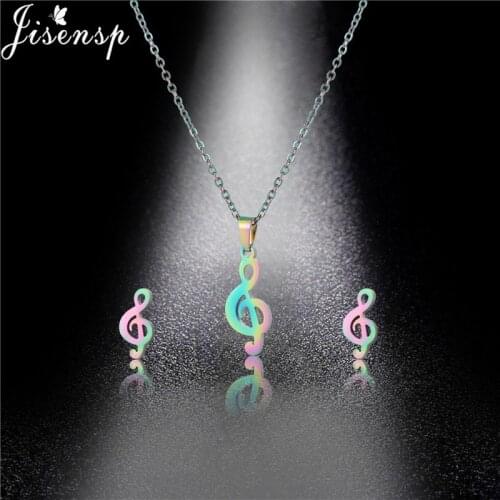 Jisensp Korean Style Stainless Steel Jewelry Sets Rainbow Color Music Note Pendant Necklace Earrings for Women Girls Party Gift