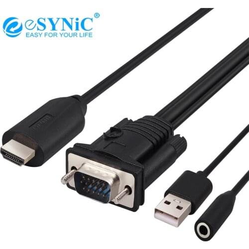 ESYNiC HDMI to VGA Adapter Cable With Female 3.5mm Audio Universal Active HDMI Male to VGA Male Active Video Converter Cord 1080