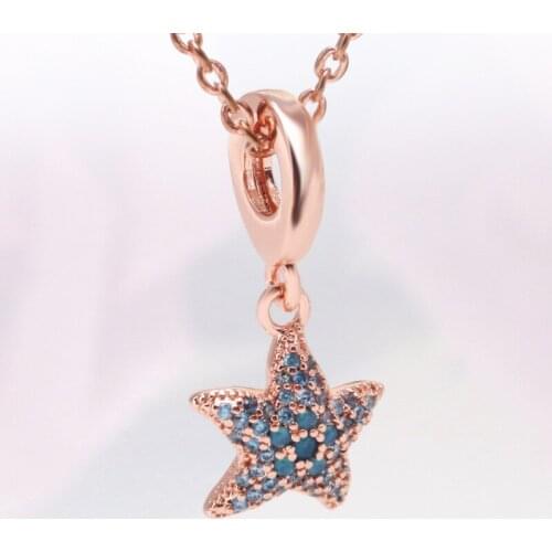 Summer Hot Style Rose Gold Shiny Starfish Pendant New Blue Starfish Pendant Necklace Fit Original Beads Charms