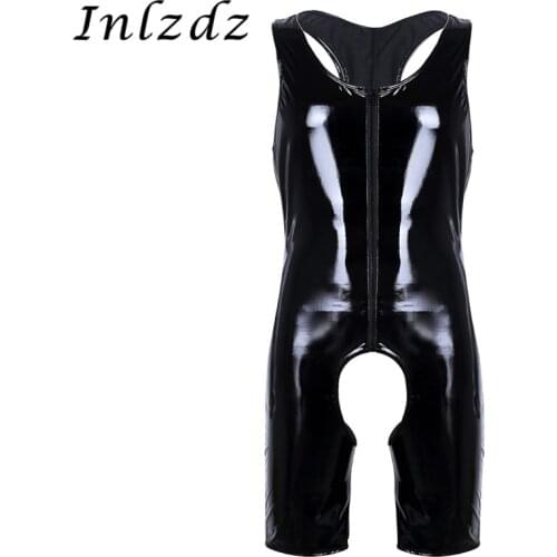 Mens Lingerie Crotchless Latex Catsuit Bodysuits Leather Exotic Sexy Bodysuit Front Zipper Singlet Boxer Briefs Teddy Bodysuit