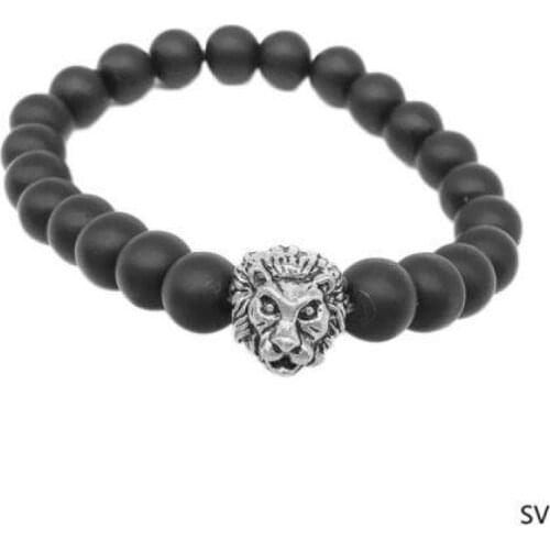 Linfang Men Fashion Black Lava Stone Lion Beaded Cuff Charm Bangle Bracelet