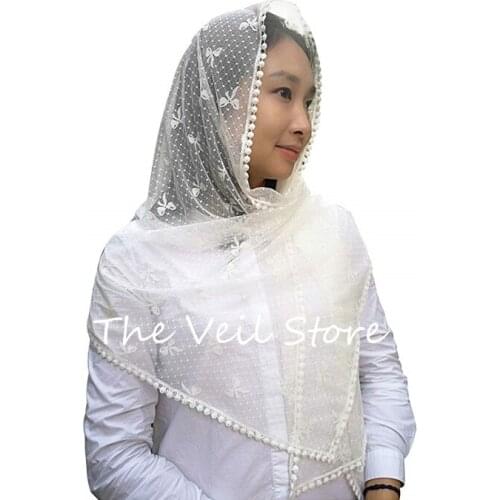 Chapel Veil Rectangle Mantilla Veil for Church Catholic Women Head Covering Scarf Scarves Soft Lace Black Ivory with Hair Clip
