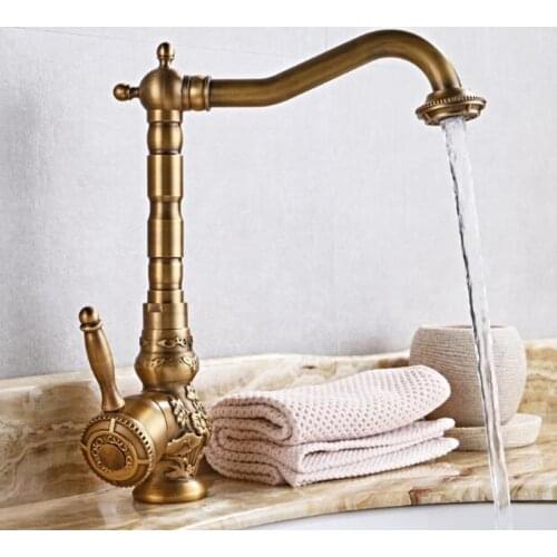 All-copper European antique rotary Bathroom faucet Vintage carved bathroom basin hot and cold water faucet