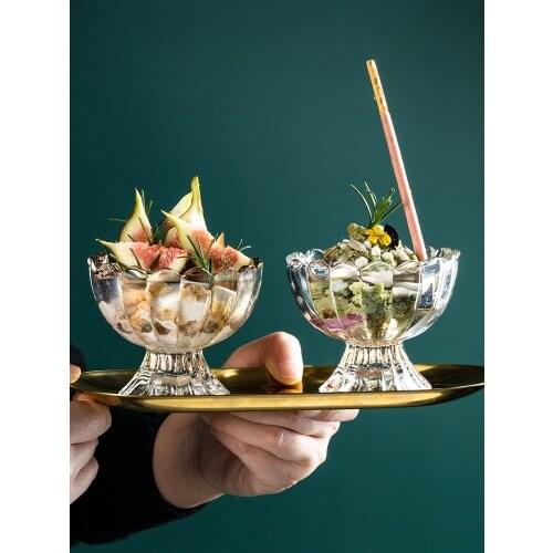 Nordic Gold Bordered Transparent Carved Glass Ice Cream Fruit Dessert Cake Household Creative Simple FlowerTypeGoldRimmed Cry