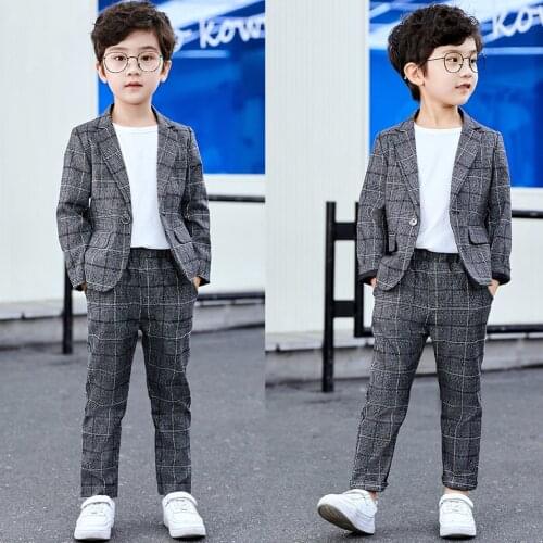 Grey Tweed Plaid Boys Suits 2Pcs Set Summer Autumn Children Wedding Suit Blazer Casual Oversize Kids Dinner Tuxedo Jacket Pants