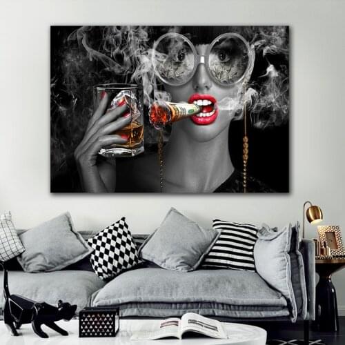 Modern Simple Smoking Woman Wine Glass Glasses Art Painting Poster Prints Decoration Wall Art Party Decor Painting Kitchen