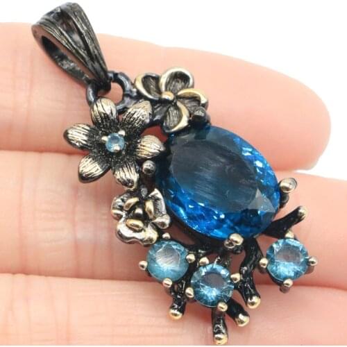 44x20mm Bohemia Design Vintage 9.3g Flowers Created Pink Morganite Violet Tanzanite London Blue Topaz Black Gold Silver Pendant