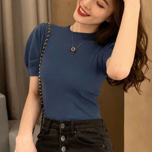 Short Sleeve T-shirt Womens 2021 Blusas Mujer De Moda Bubble Sleeve Short Tops Black Solid Fashion Slim Clothing Vintage 0660