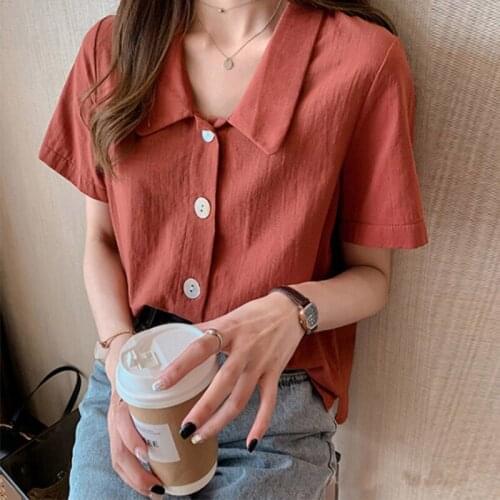 Retro Solid Cotton Office Ladies Blouse Top Women Slim Short Sleeve Lapel Collar Summer Casual Blouses