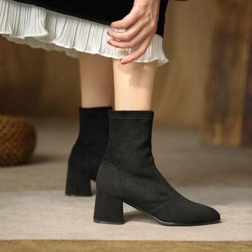 Sianie Tianie Faux Suede Flock Sexy Ladies Winter Shoes Chunky High Heels Ins Popuplar Women Ankle Stretch Boots Small Size 33