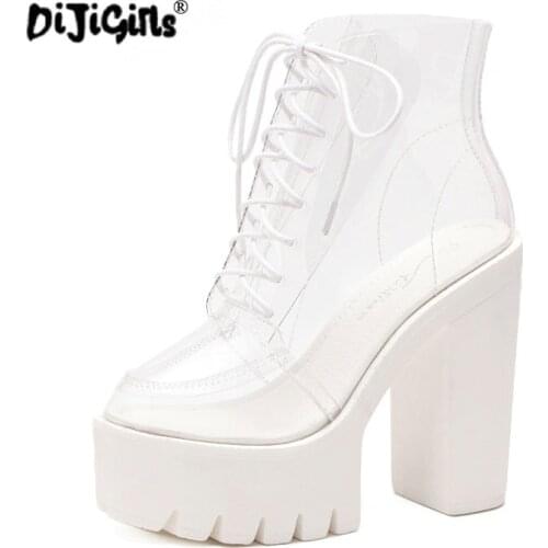 DIJIGIRLS super high heels thick soles bottom Perspex clear transparent ankle boots female Platform anti slip pumps casual shoes