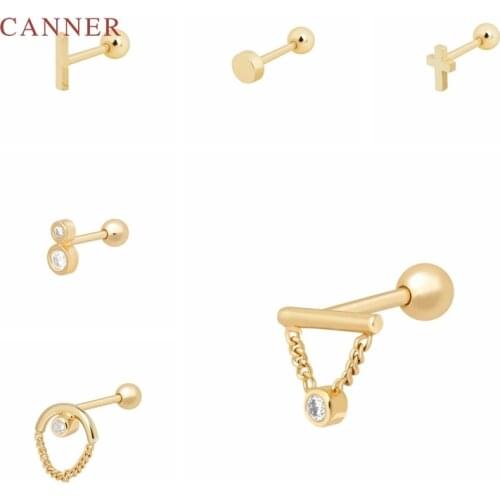 CANNER Real 925 Sterling Silver Earrings For Women Simple Mini Round Thread Figure 8 Cross Tassel Piercing Stud Earrings