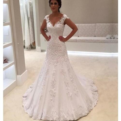 Short Sleeve Lace Mermaid Wedding Dress Applique Bridal Gowns Formal Party Custom Made Marriage Dresses For Women Robe de Mariée