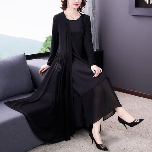 Plus Size Womens 2020 New Autumn Sling Dress Black Long Dress Knitted Shawl Cardigan + Sleeve Dress Elegant Two-piece Set K108