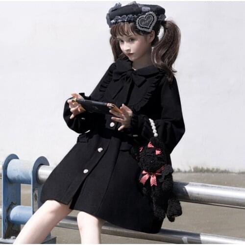 Women Winter Japanese Kawaii Sweet Lolita Woolen Coat Peter Pan Collar Solid Collar Cute Princess Girls White Bow Long Overcoat