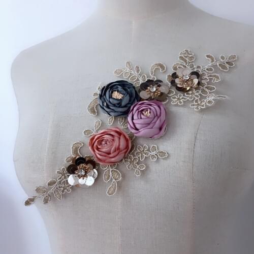 1 Piece Sequin Floral Embroidered Lace Applique 3D Colorful Flowers Beaded Applique Sewing Lace Fabric Clothes DIY Decoration