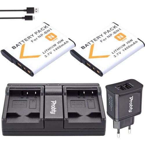 2Pcs Probty NP-BN1 NP BN1 Battery + USB Dual Charger + Plug for Sony DSC-QX10 DSC-QX30 DSC-QX100 DSC-TF1 DSC-TX10 DSC-TX20 TX30