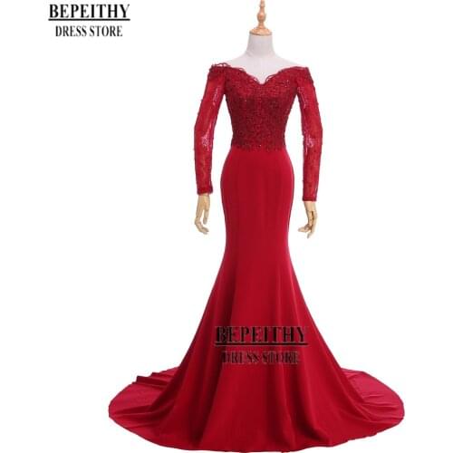 Elegant Sweatheart Off The Shoulder Red Evening Dress Long Sleeve Cheap Mother Of The Bride Dresses Robe De Soiree Real Photos