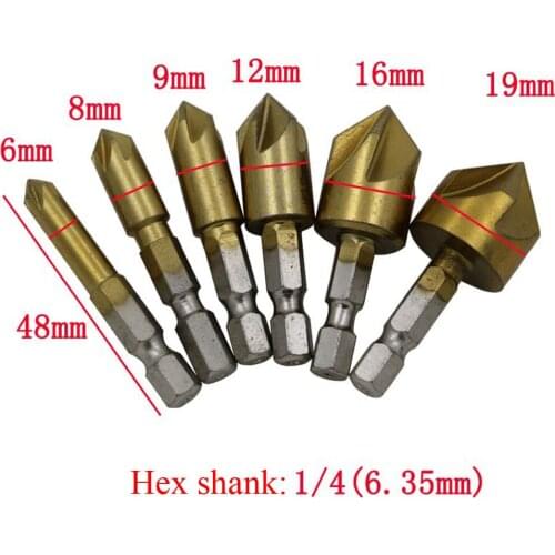6pc Hex Flute Chamfer Metric Titanium Countersink Drill Bit Set Wood Chamfering Cutter Chamfer 6mm-19mm Countersink