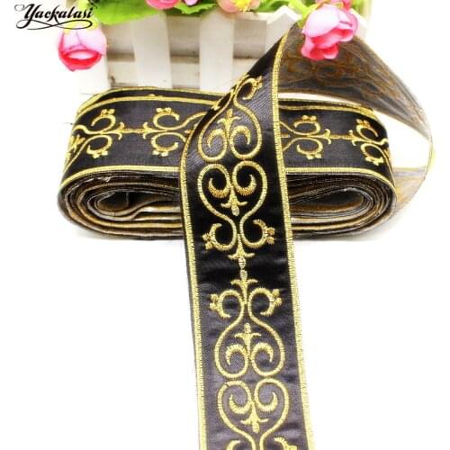 Gold Embroidery Black Ribbon Braid sashes Lace embroidered Lace 5cm 6Yds/Lot