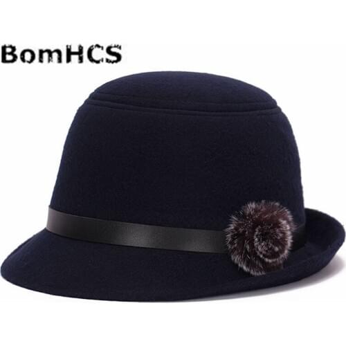 BomHCS Winter Eaves Fedoras Cap Women Fashion Mitation Wool Hat with Rabbit Fur Ball 169217