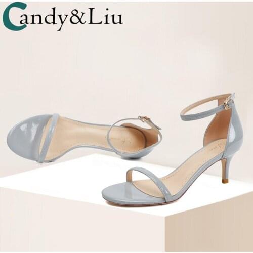 Patent Leather Grey Sandals Womens 2021 Summer New Matching Skirt Fresh 6cm Herringbone Thin Heels Medium Heels High Heels