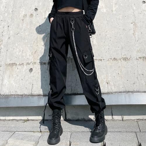Black Punk Cargo Pants Women Joggers Pants Chain Pockets Plus Size Loose Black Baggy Harajuku Oversize Trousers Women Hip Hop
