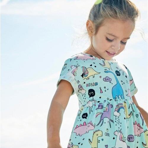 Little Girls Clothes Vestidos Dinosaur Print Girls Summer Dress Cotton Animal Applique Baby Girl Kids Dress Short Sleeve Dresses