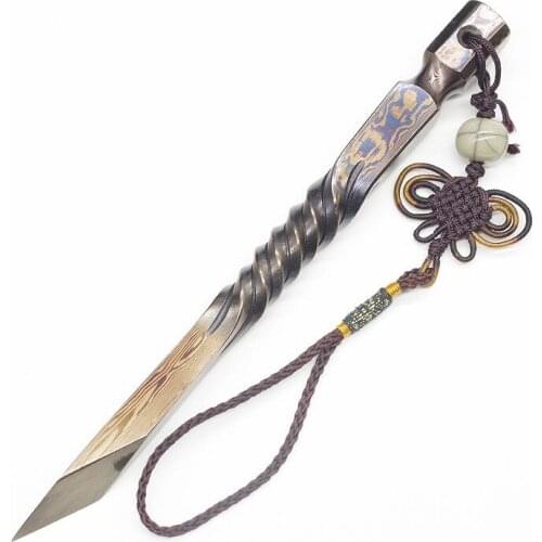 Tea Needle KnifeCone Cutters Handmade Longquan Four Elephants 100 Refining Pattern Steel Damascus Pu'er Prying Tea Special Tool