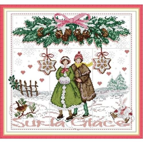 Joy Sunday Cross Stitch Stamped Kits Skating Couple Patterns 14CT 11CT Printed Cross Stitch Handmade Embroidery Needlework Sets